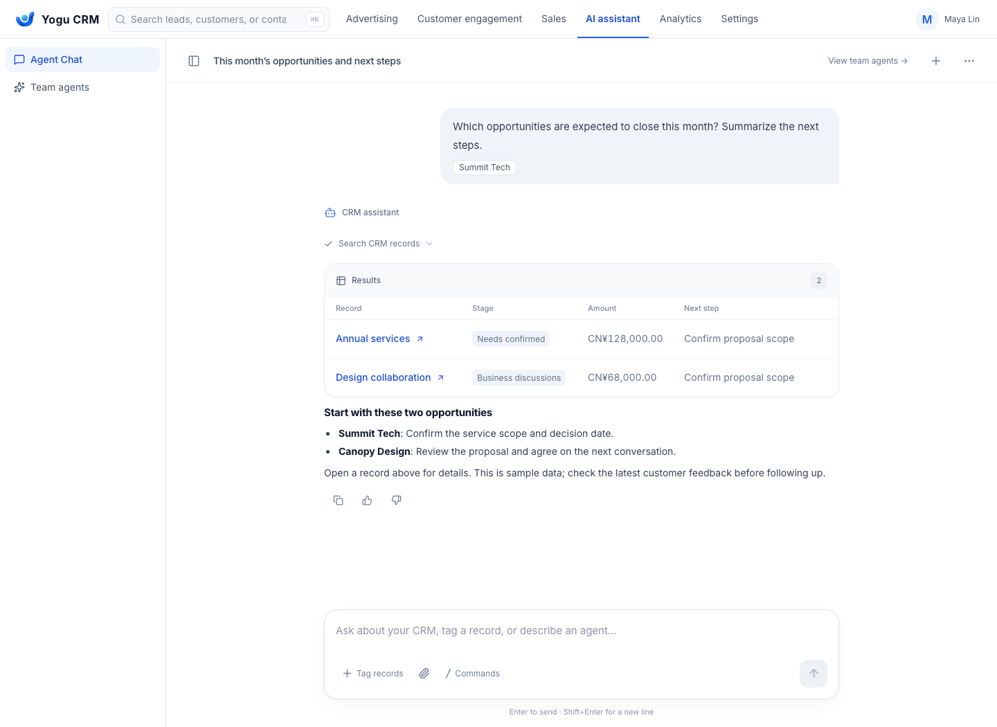 AI assistant — Actual CRM interface rendered with fictional sample data